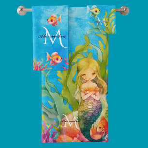 Teal Monogram Name Mermaid Bath Towel Set