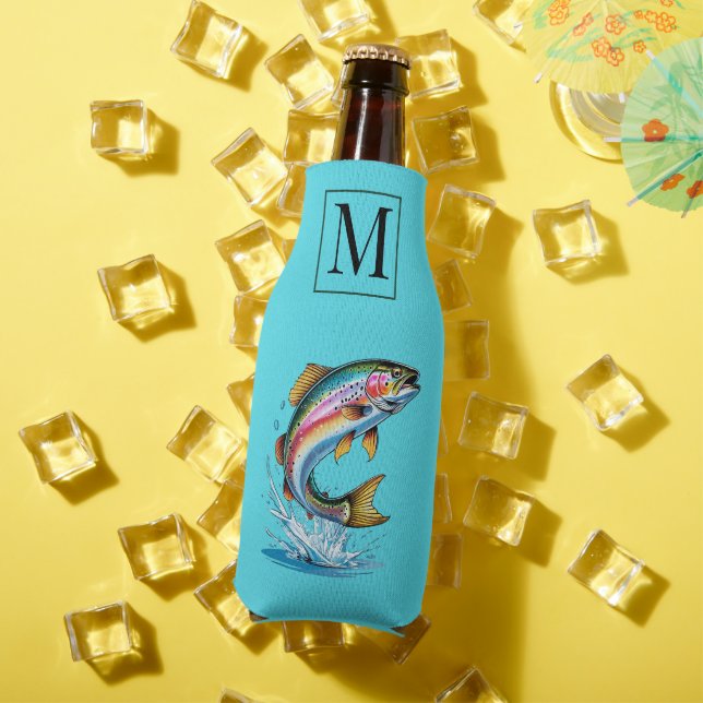 Teal Monogram Rainbow Trout Fishing Bottle Cooler (In Situ Summer)