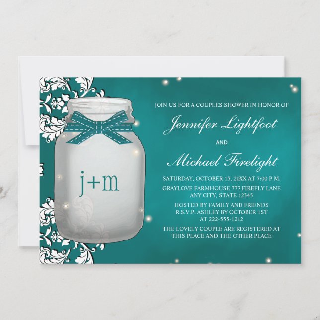 Teal Monogrammed Firefly Mason Jar Couples Shower Invitation (Front)