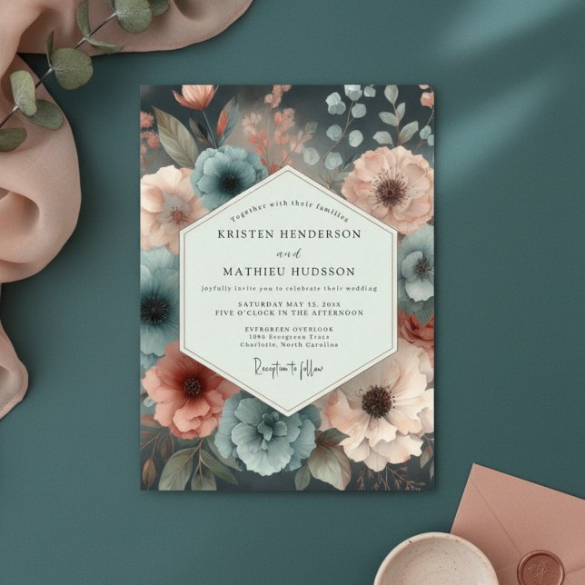 Teal Moody Bloom Romance Wedding Invitation (Creator Uploaded)