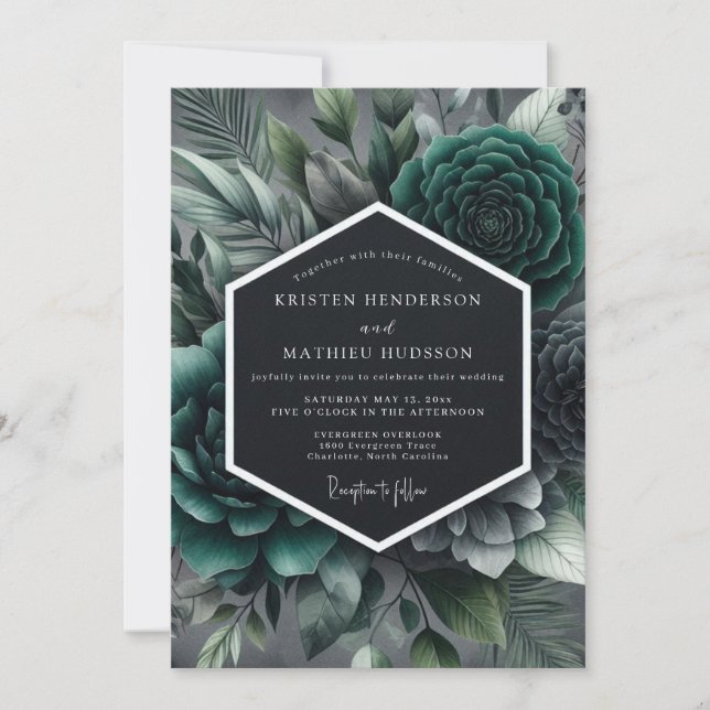 Teal Moody Succulent Wedding Invitation (Front)