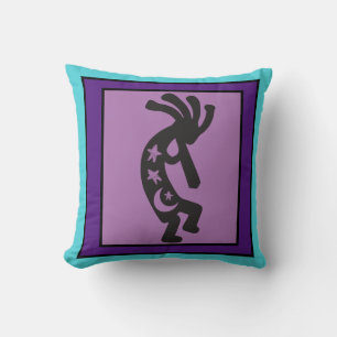 Teal Moon and Stars Kokopelli Throw Pillow