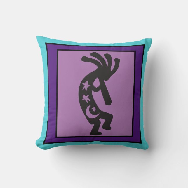 Teal Moon and Stars Kokopelli Throw Pillow (Front)