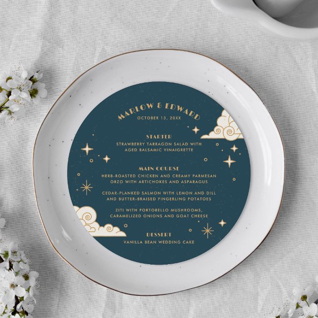 Teal Moon & Stars Celestial Wedding Menu Card (Creator Uploaded)