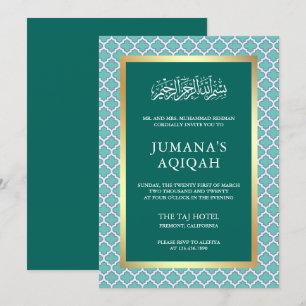 Teal Moroccan Quatrefoil Pattern Islamic Aqiqah Invitation