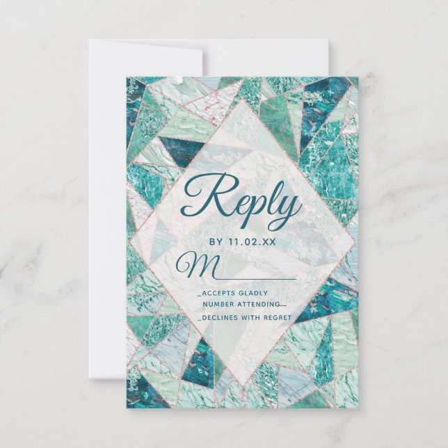 Teal Mosaic Marble Triangles Modern Wedding RSVP (Front)