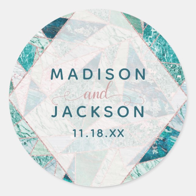 Teal Mosaic Marble Triangles Monogram Wedding Classic Round Sticker (Front)