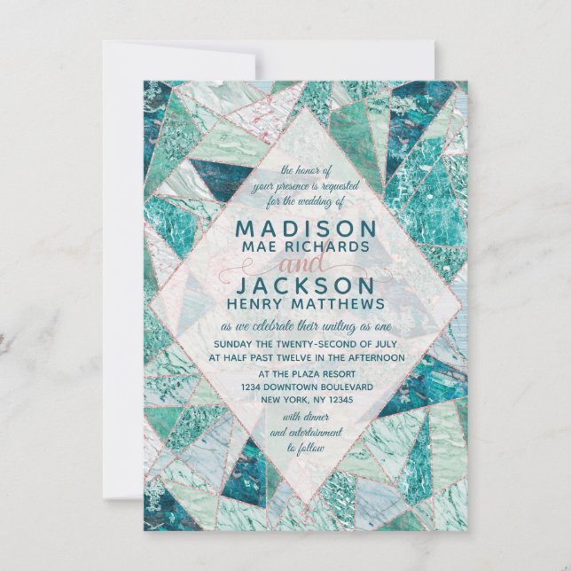 Teal Mosaic Marble Triangles Wedding Invitation (Front)