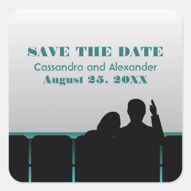 Teal Movie Theatre Save the Date Stickers (Front)