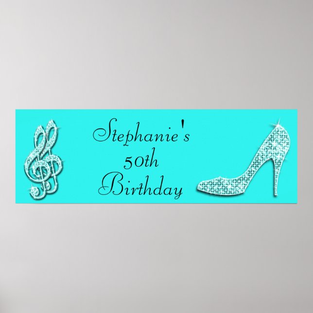Teal Music Notes and Stiletto 50th Birthday Poster (Front)