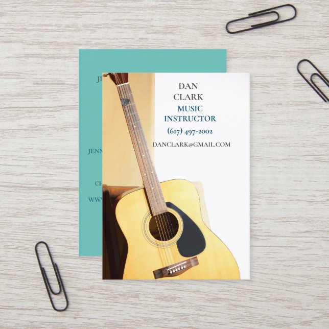 Teal Music Teacher/Musician/ Acoustic Guitar  Business Card (Front/Back In Situ)