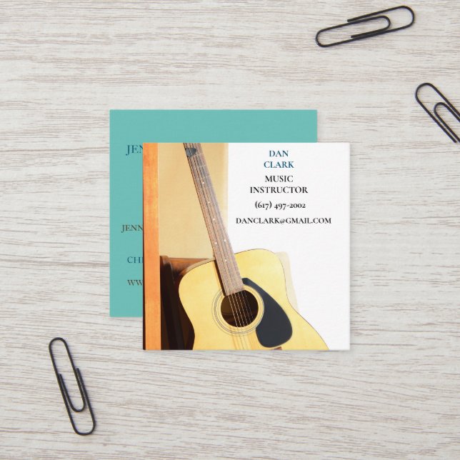 Teal Music Teacher/Musician /Educator Guitar  Square Business Card (Front/Back In Situ)