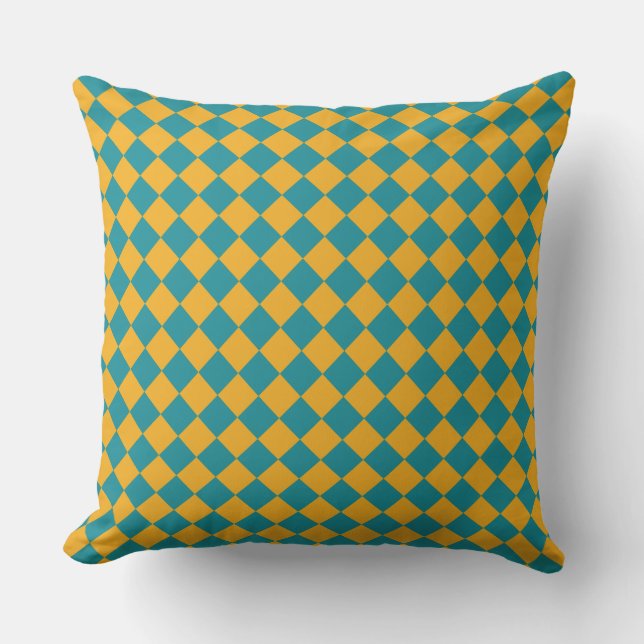 Teal & Mustard Harlequin Throw Pillow (Front)