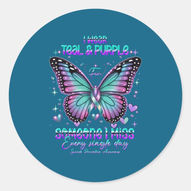 Teal N Purple Butterfly Suicide Prevention Awarene Classic Round Sticker (Front)