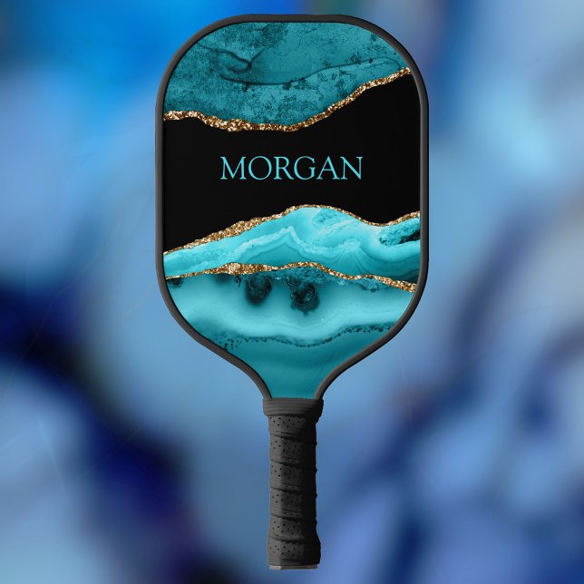 Teal Name, Black, Gold & Teal Agate Pickleball Paddle (Creator Uploaded)