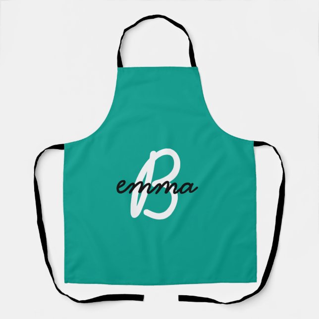 Teal Name | Modern Cyan Trendy Initial Green Apron (Front)