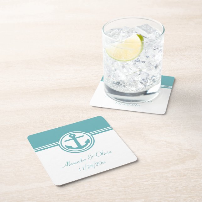 Teal Nautical Anchor Square Paper Coaster (Insitu)
