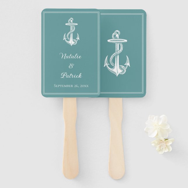 Teal Nautical Anchor Wedding Hand Fans (Front and Back)