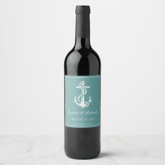 Teal Nautical Anchor Wedding Wine Label (Front)