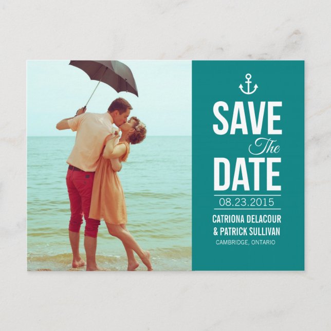 TEAL NAUTICAL SCRIPT PHOTO SAVE THE DATE POSTCARD (Front)