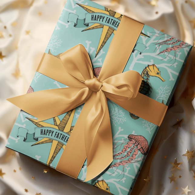 Teal Nautical Star Custom Text Marine Wrapping Paper (Cool Nautical Hand-drawn Illustration in Black Ink with Beautiful Ocean Life Scene. Custom Text!)