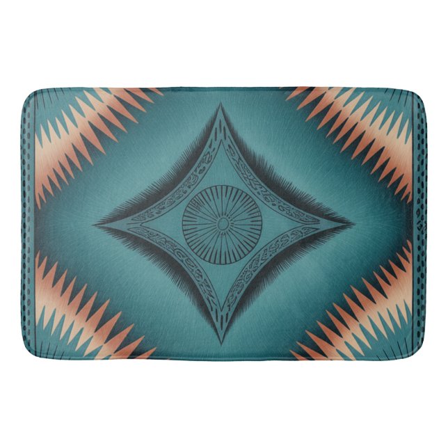 Teal Navajo Peach Sunburst Bath Mat (Front)