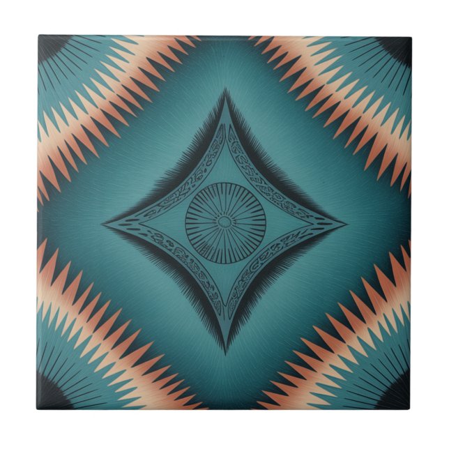 Teal Navajo Peach Sunburst Ceramic Tile (Front)