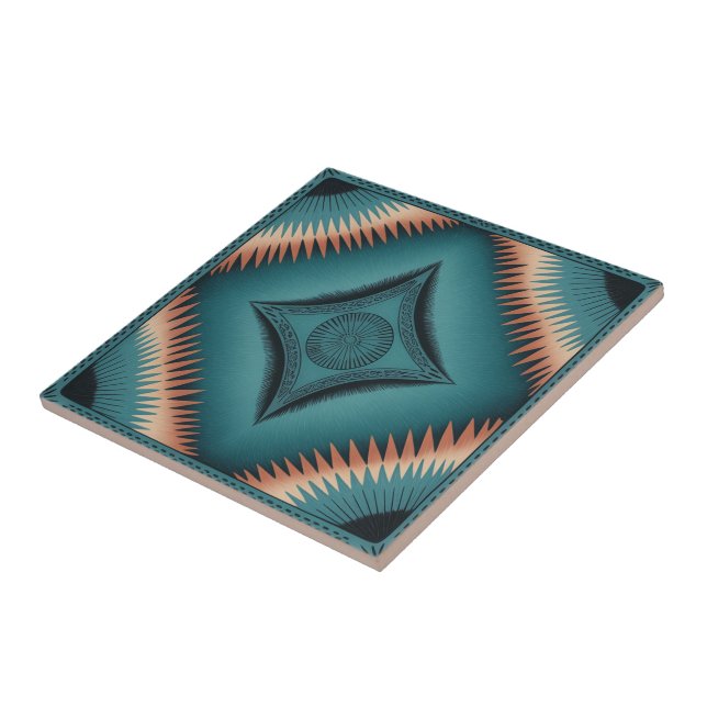 Teal Navajo Peach Sunburst Ceramic Tile (Side)