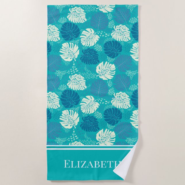 Teal Navy and White Coastal Monstera Custom Name Beach Towel (Front)