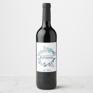 Teal & Navy Blue Floral Wreath bottle - Wine Label