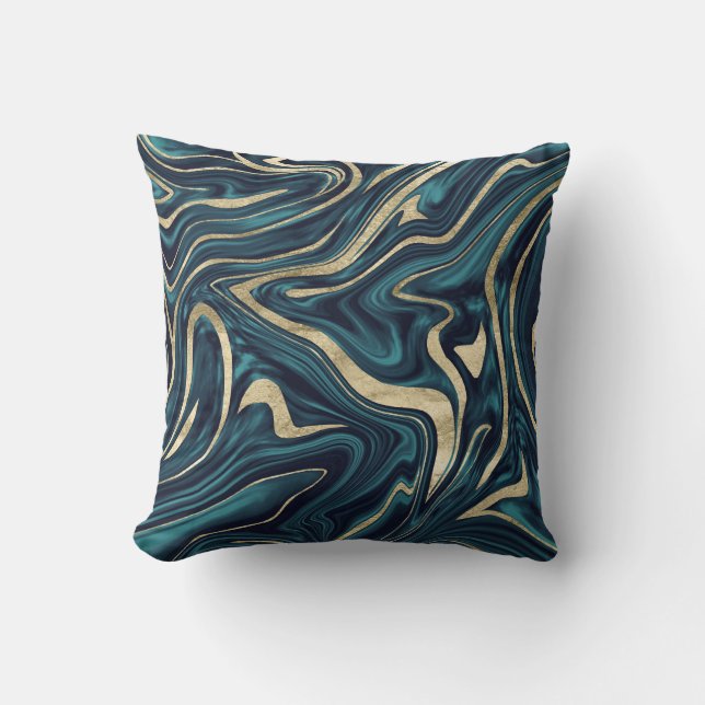 Teal Navy Blue Gold Marble #1 Cushion (Front)