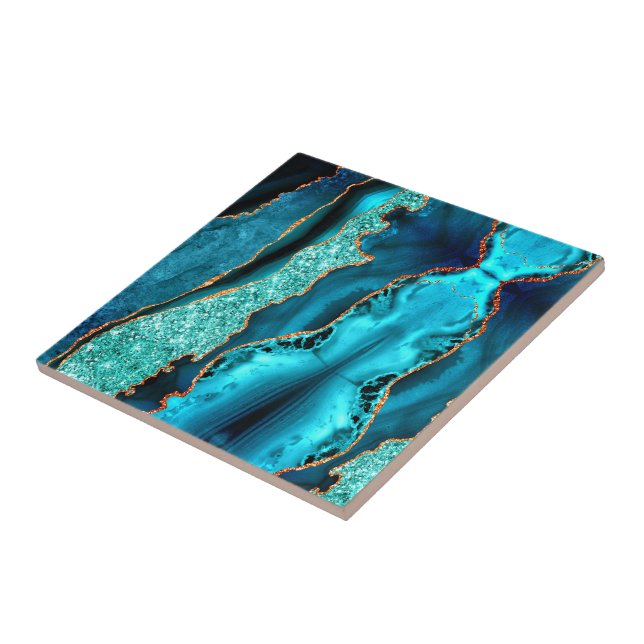Teal Navy Blue Gold Marble Turquoise Ceramic Tile (Side)