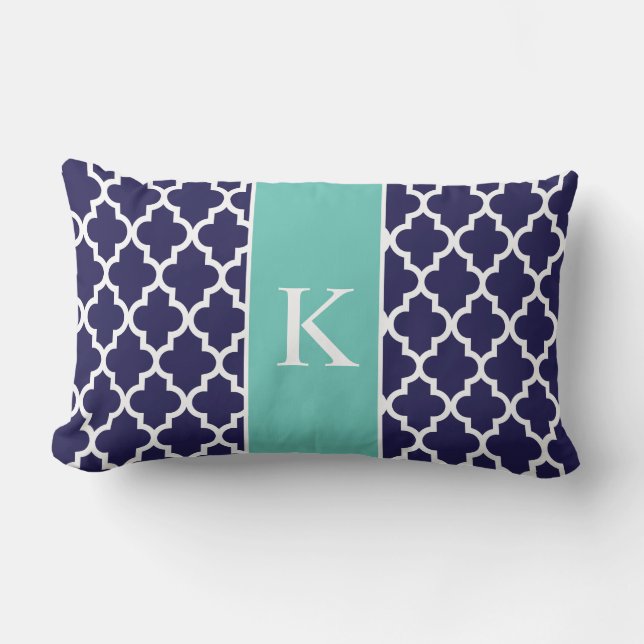 Teal Navy Blue Moroccan Custom Monogram Lumbar Cushion (Front)