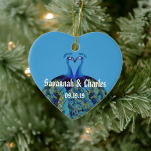 Teal Navy Blue Peacocks Kissing 1st Christmas Ceramic Tree Decoration