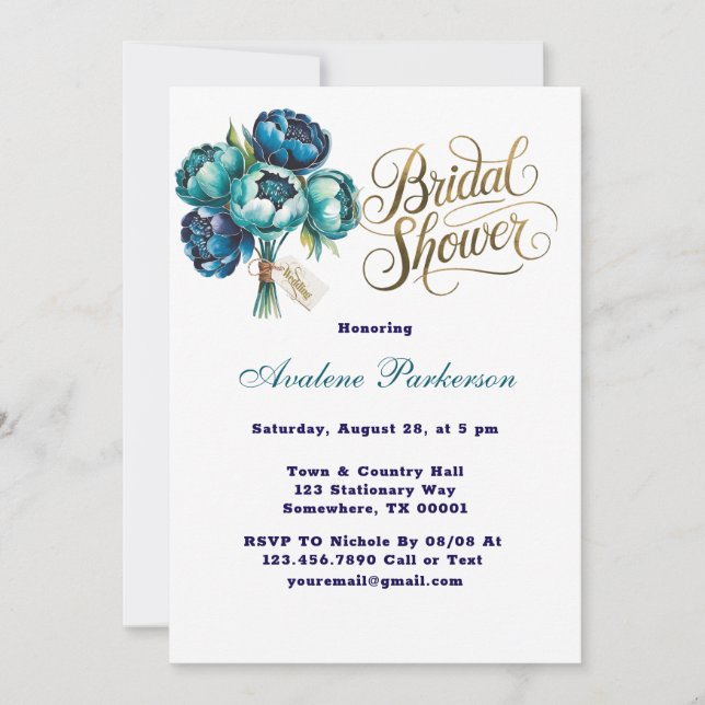 Teal Navy Blue Peony Flowers Bridal Shower Invitation (Front)