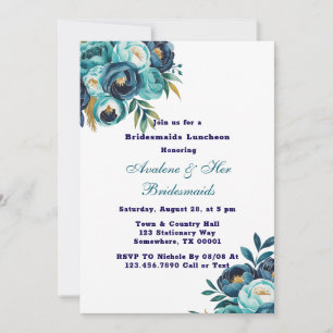 Teal Navy Blue Peony Flowers Bridesmaids Luncheon Invitation