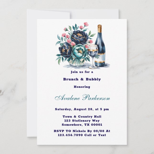 Teal Navy Blue Peony Flowers Brunch and Bubbly Invitation (Front)