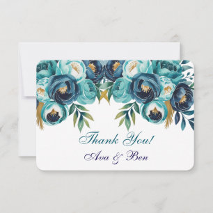 Teal Navy Blue Peony Flowers Wedding Thank You Card