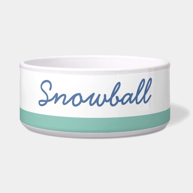 Teal Navy Blue Stripe Simple Modern Pet Name Bowl (Front)