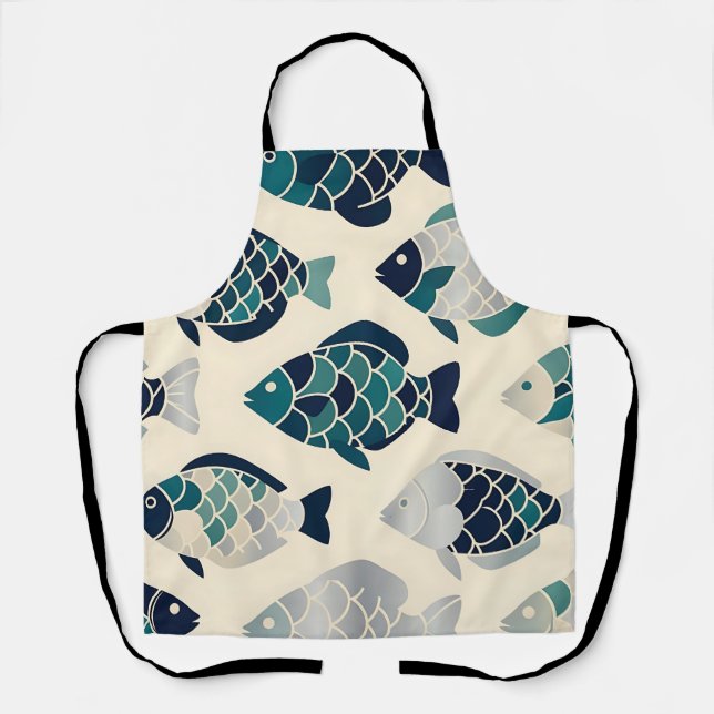Teal Navy Blue Stylised Fish Repeating Pattern  Apron (Front)
