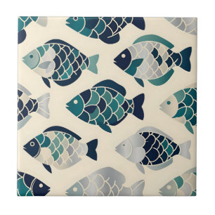 Teal Navy Blue Stylised Fish Repeating Pattern Ceramic Tile