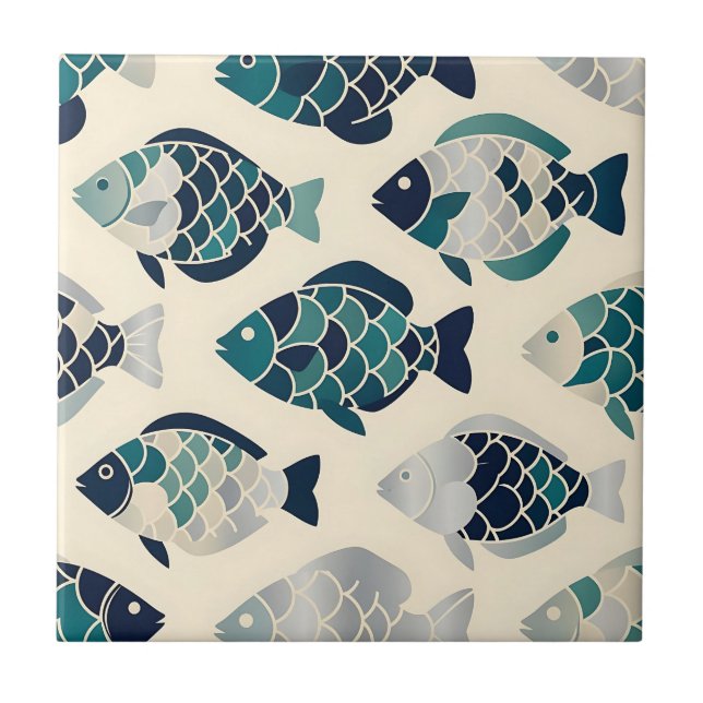 Teal Navy Blue Stylised Fish Repeating Pattern  Ceramic Tile (Front)