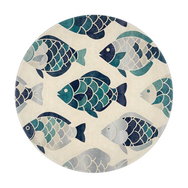 Teal Navy Blue Stylised Fish Repeating Pattern  Cutting Board (Front)