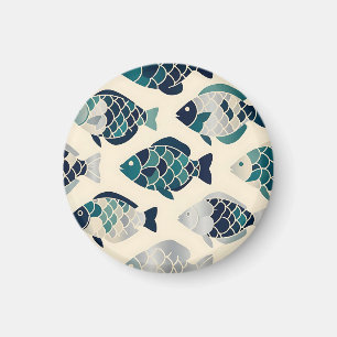 Teal Navy Blue Stylised Fish Repeating Pattern Magnet