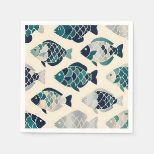 Teal Navy Blue Stylised Fish Repeating Pattern Napkin