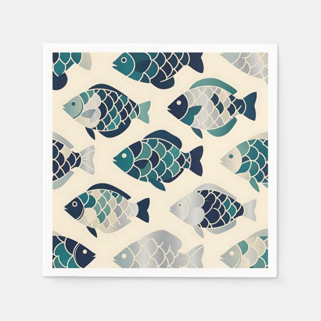 Teal Navy Blue Stylised Fish Repeating Pattern  Napkin (Front)
