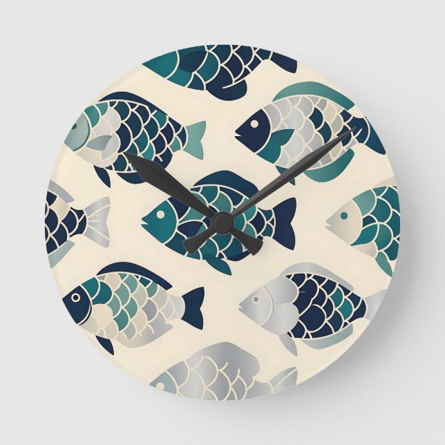 Teal Navy Blue Stylised Fish Repeating Pattern  Round Clock (Front)