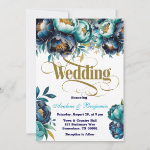 Teal Navy Blue Watercolor Peony Wedding Invitation