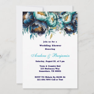 Teal Navy Blue Watercolor Peony Wedding Shower Invitation