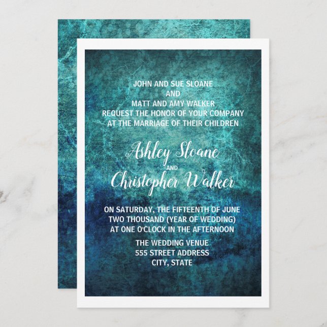 Teal Navy Blue White Watercolor Wedding Invitation (Front/Back)
